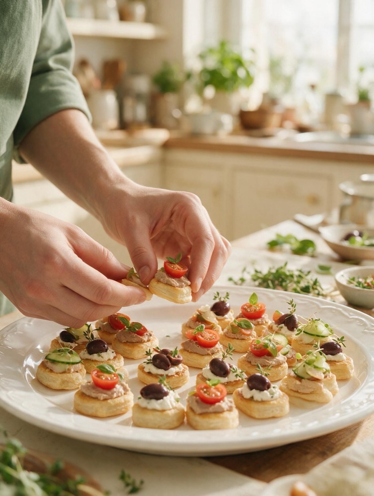 Hände beim Anrichten von Canapés
