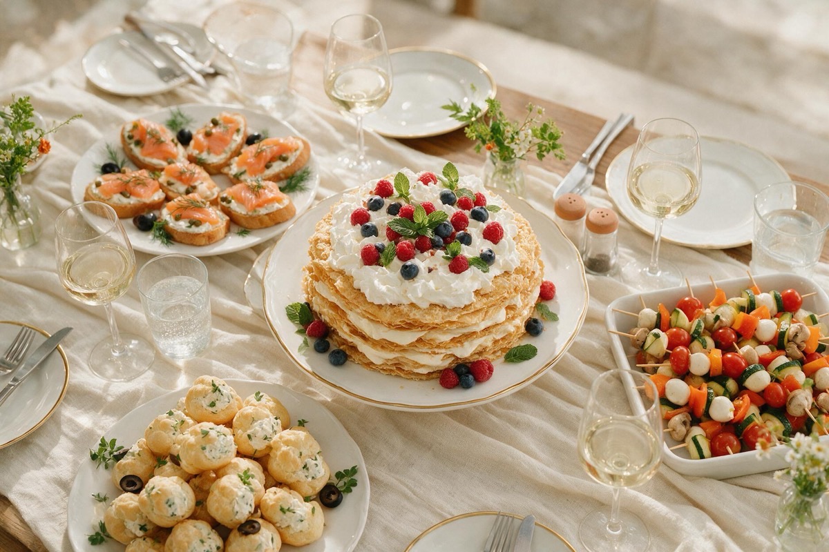Festlich gedeckte Tafel mit Canapés, Schichtkuchen und Gemüsespießen